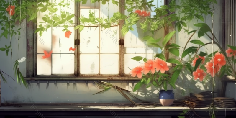 夏至时分墙边花瓶中鲜花绽放插图,插画/手绘图,插画/手绘图库,插画/手绘图下载,插画/手绘